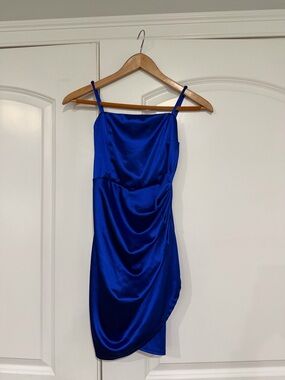 Emerald Sundae Tulip Hem Satin Sheath Dress,  Blue, Size Small